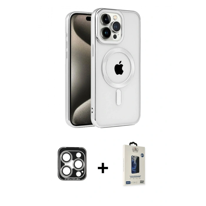 MARSİLYAN™- iPhone 15 Pro Max Kılıf Eksen Form Koleksiyonu - Siyah Bilvis Hayalet Cam Ekran Koruyucu + PVD Metal Kamera Lens - GS