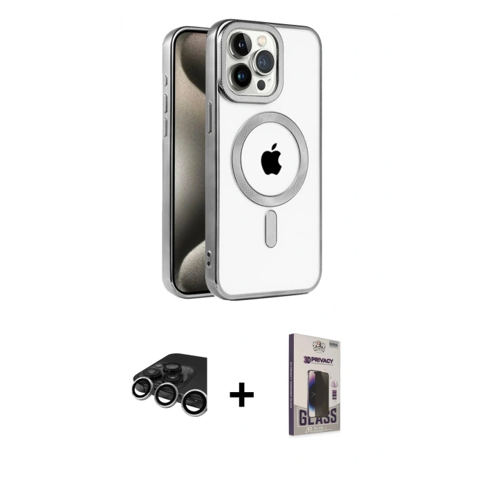 MARSİLYAN™- iPhone 15 Pro Max Kılıf Eksen Form Koleksiyonu - Siyah Bilvis Hayalet Cam Ekran Koruyucu + Gümüş Raze Metal Kamera Lens