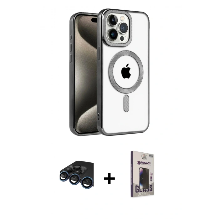 MARSİLYAN™- iPhone 15 Pro Max Kılıf Eksen Form Koleksiyonu - Siyah Bilvis Hayalet Cam Ekran Koruyucu + Raze Metal Kamera Lens - LT