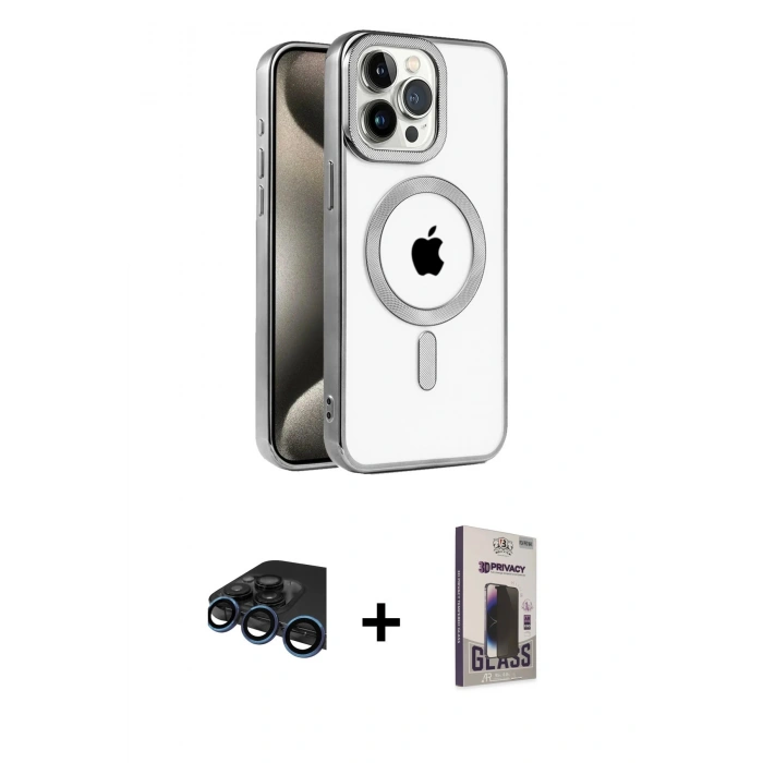 MARSİLYAN™- iPhone 15 Pro Max Kılıf Eksen Form Koleksiyonu - Siyah Bilvis Hayalet Cam Ekran Koruyucu + Raze Metal Kamera Lens - LT