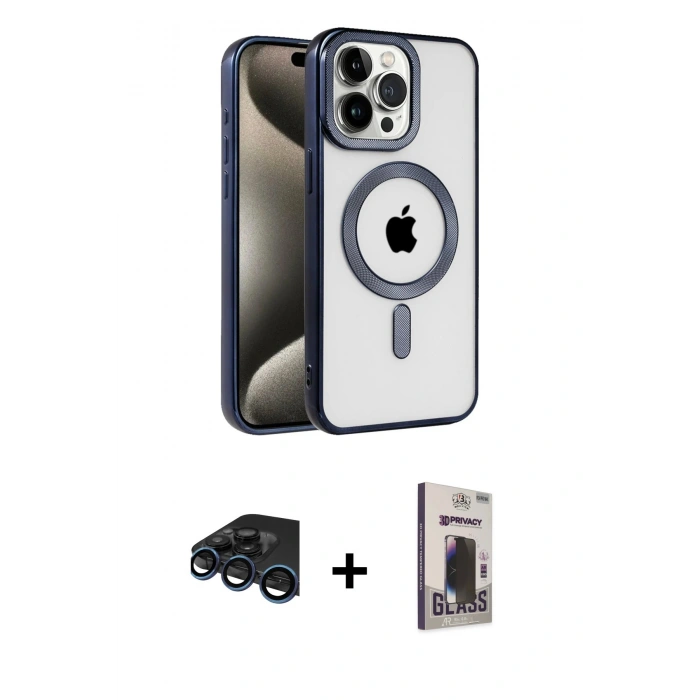 MARSİLYAN™- iPhone 15 Pro Max Kılıf Eksen Form Koleksiyonu - Siyah Bilvis Hayalet Cam Ekran Koruyucu + Raze Metal Kamera Lens - LT