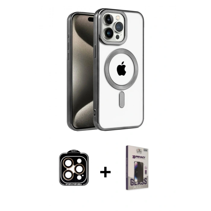 MARSİLYAN™- iPhone 15 Pro Max Kılıf Eksen Form Koleksiyonu - Siyah Bilvis Hayalet Cam Ekran Koruyucu + PVD Metal Kamera Lens - TU