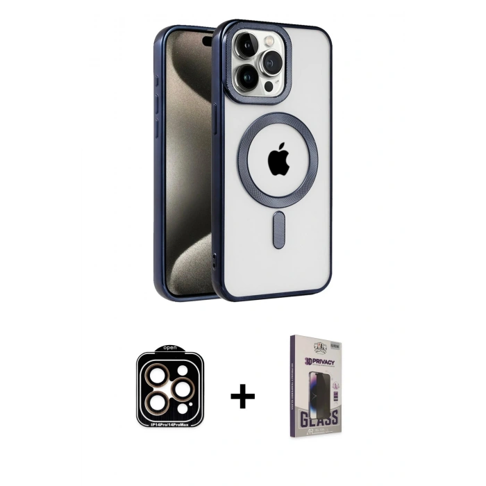 MARSİLYAN™- iPhone 15 Pro Max Kılıf Eksen Form Koleksiyonu - Siyah Bilvis Hayalet Cam Ekran Koruyucu + PVD Metal Kamera Lens - TU