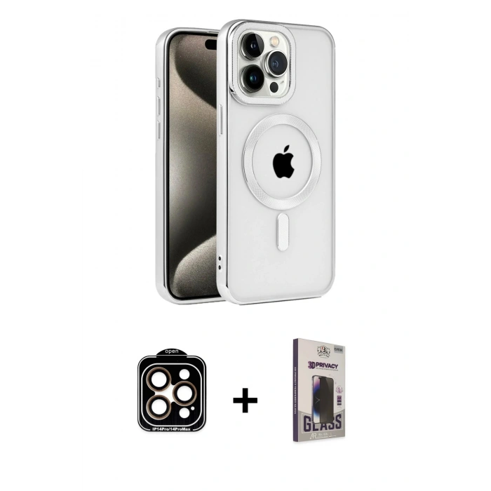 MARSİLYAN™- iPhone 15 Pro Max Kılıf Eksen Form Koleksiyonu - Siyah Bilvis Hayalet Cam Ekran Koruyucu + PVD Metal Kamera Lens - TU