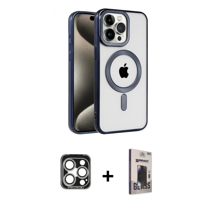 MARSİLYAN™- iPhone 15 Pro Max Kılıf Eksen Form Koleksiyonu - Siyah Bilvis Hayalet Cam Ekran Koruyucu + PVD Metal Kamera Lens - GS