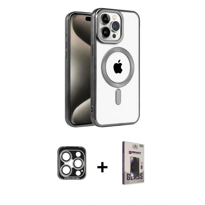 MARSİLYAN™- iPhone 15 Pro Max Kılıf Eksen Form Koleksiyonu - Siyah Bilvis Hayalet Cam Ekran Koruyucu + PVD Metal Kamera Lens - GS