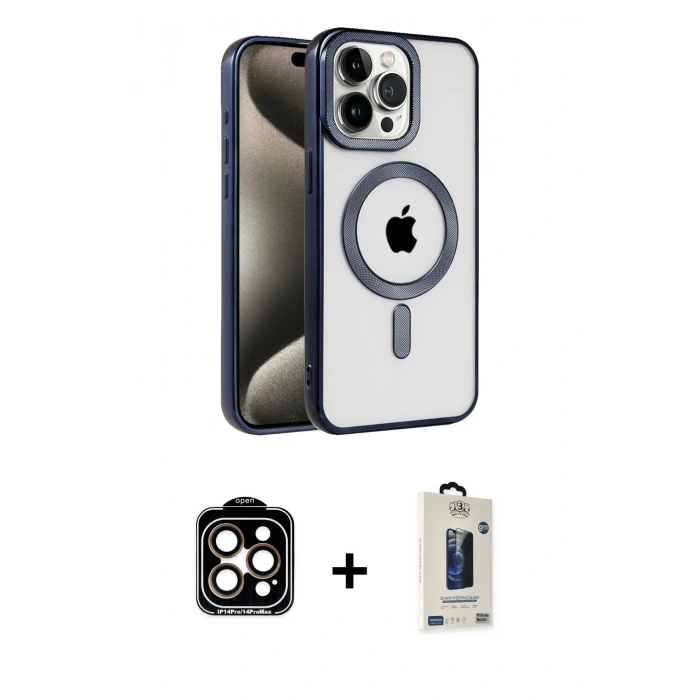 MARSİLYAN™- iPhone 15 Pro Max Kılıf Eksen Form Koleksiyonu - Siyah Bilvis Hayalet Cam Ekran Koruyucu + PVD Metal Kamera Lens - TU