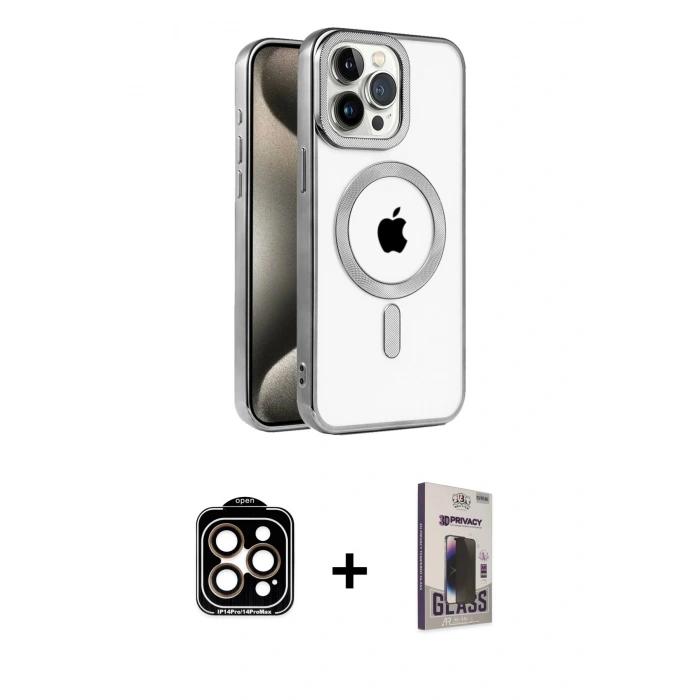 MARSİLYAN™- iPhone 15 Pro Max Kılıf Eksen Form Koleksiyonu - Siyah Bilvis Hayalet Cam Ekran Koruyucu + PVD Metal Kamera Lens - TU