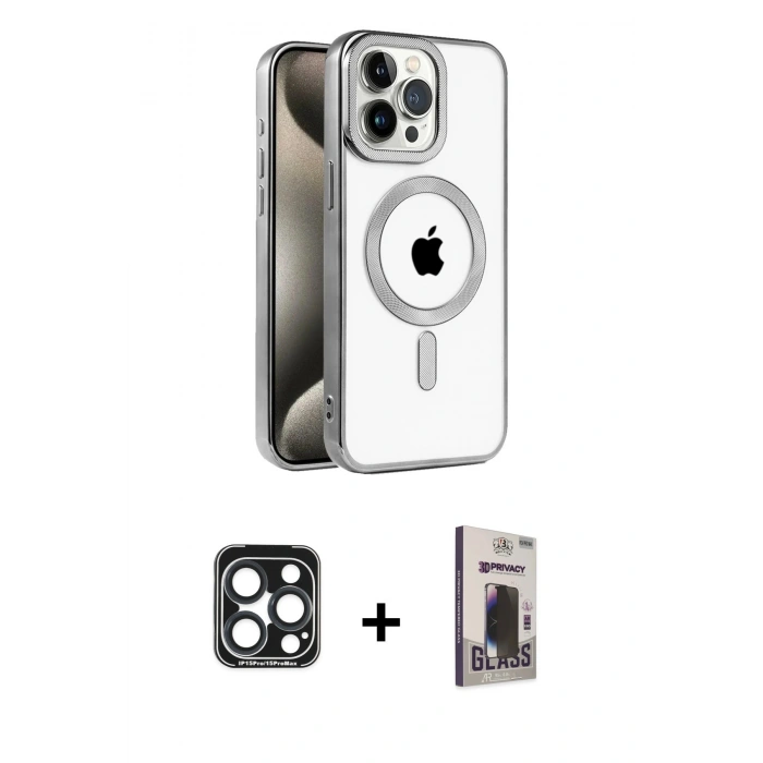 MARSİLYAN™- iPhone 15 Pro Max Kılıf Eksen Form Koleksiyonu - Siyah Bilvis Hayalet Cam Ekran Koruyucu + PVD Metal Kamera Lens - LT
