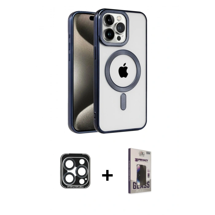 MARSİLYAN™- iPhone 15 Pro Max Kılıf Eksen Form Koleksiyonu - Siyah Bilvis Hayalet Cam Ekran Koruyucu + PVD Metal Kamera Lens - LT