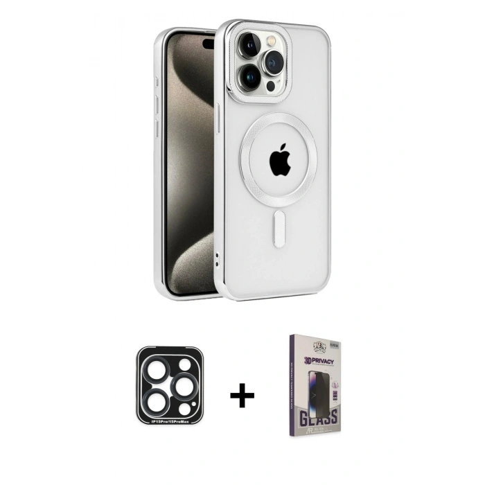 MARSİLYAN™- iPhone 15 Pro Max Kılıf Eksen Form Koleksiyonu - Siyah Bilvis Hayalet Cam Ekran Koruyucu + PVD Metal Kamera Lens - LT