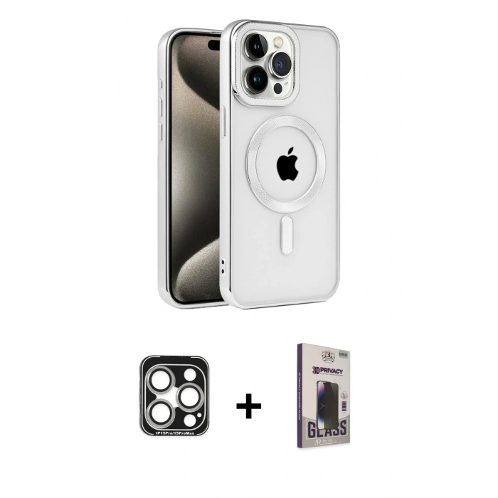 MARSİLYAN™- iPhone 15 Pro Max Kılıf Eksen Form Koleksiyonu - Siyah Bilvis Hayalet Cam Ekran Koruyucu + PVD Metal Kamera Lens - GS