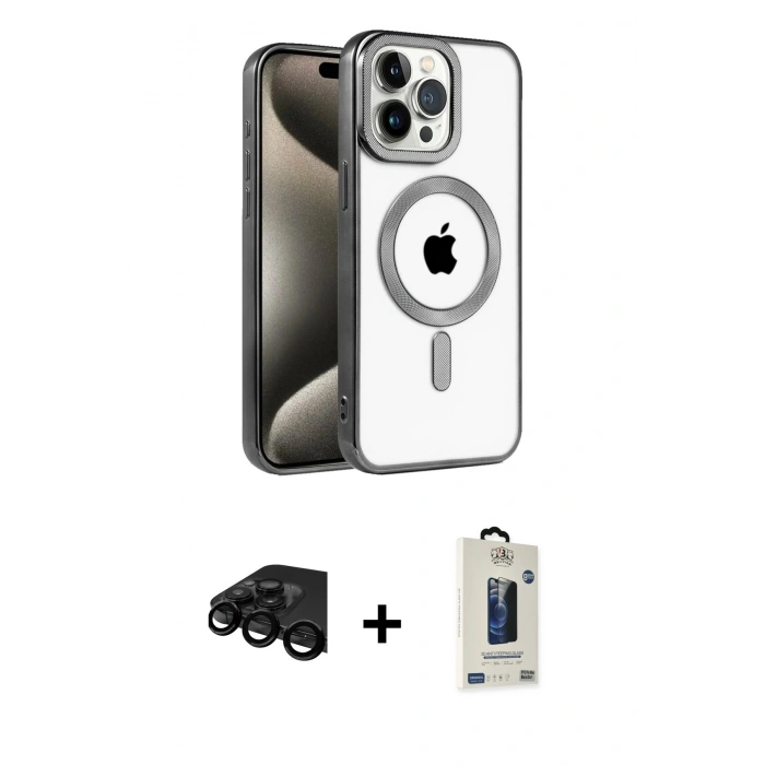 MARSİLYAN™- iPhone 15 Pro Max Kılıf Eksen Form Koleksiyonu - Siyah Bilvis Hayalet Cam Ekran Koruyucu + Raze Metal Kamera Lens - SH