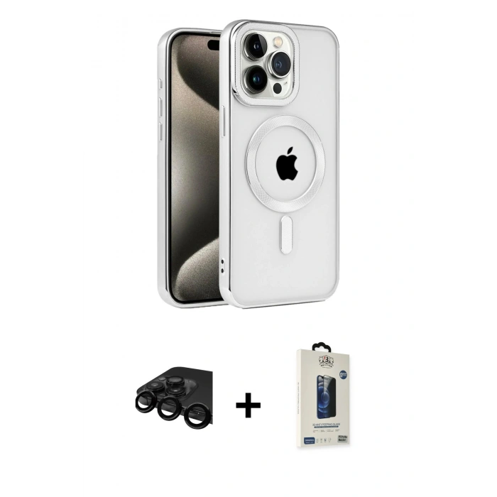 MARSİLYAN™- iPhone 15 Pro Max Kılıf Eksen Form Koleksiyonu - Siyah Bilvis Hayalet Cam Ekran Koruyucu + Raze Metal Kamera Lens - SH