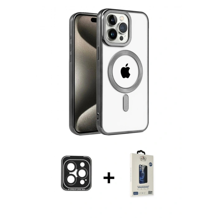 MARSİLYAN™- iPhone 15 Pro Max Kılıf Eksen Form Koleksiyonu - Siyah Bilvis Hayalet Cam Ekran Koruyucu + PVD Metal Kamera Lens - SH
