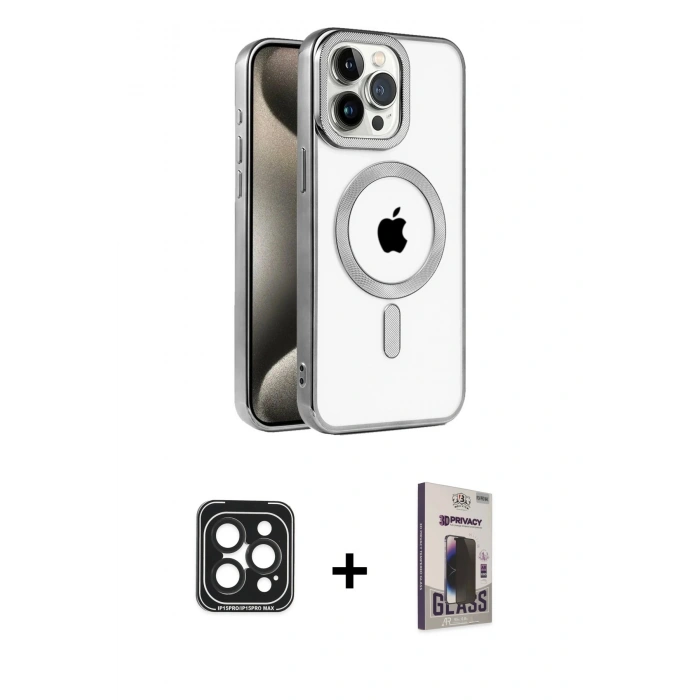 MARSİLYAN™- iPhone 15 Pro Max Kılıf Eksen Form Koleksiyonu - Siyah Bilvis Hayalet Cam Ekran Koruyucu + PVD Metal Kamera Lens - SH