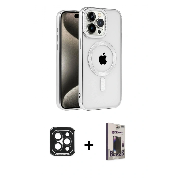 MARSİLYAN™- iPhone 15 Pro Max Kılıf Eksen Form Koleksiyonu - Siyah Bilvis Hayalet Cam Ekran Koruyucu + PVD Metal Kamera Lens - SH