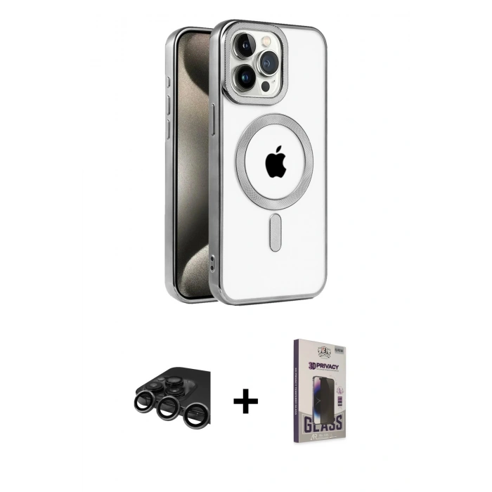 MARSİLYAN™- iPhone 15 Pro Max Kılıf Eksen Form Koleksiyonu - Siyah Bilvis Hayalet Cam Ekran Koruyucu + Titanyum Gri Raze Metal Kamera Lens