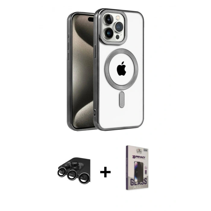 MARSİLYAN™- iPhone 15 Pro Max Kılıf Eksen Form Koleksiyonu - Siyah Bilvis Hayalet Cam Ekran Koruyucu + Titanyum Gri Raze Metal Kamera Lens
