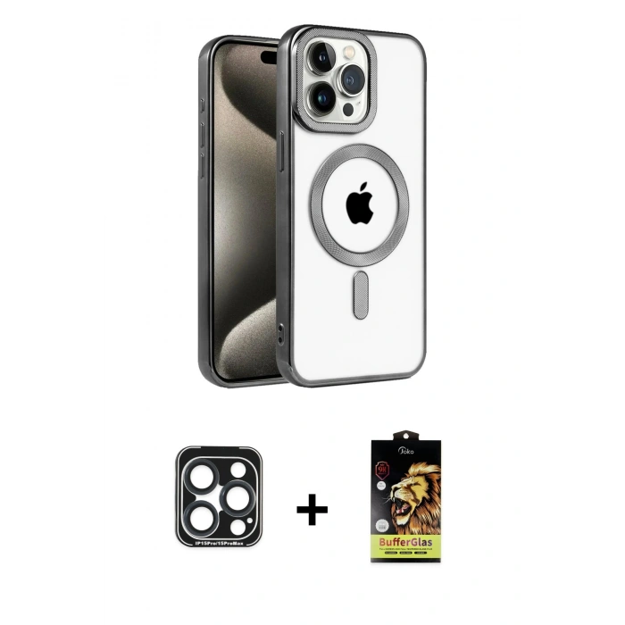 MARSİLYAN™- iPhone 15 Pro Max Kılıf Eksen Form Koleksiyonu - Siyah Buffer Cam Ekran Koruyucu + Lacivert PVD Metal Kamera Lens