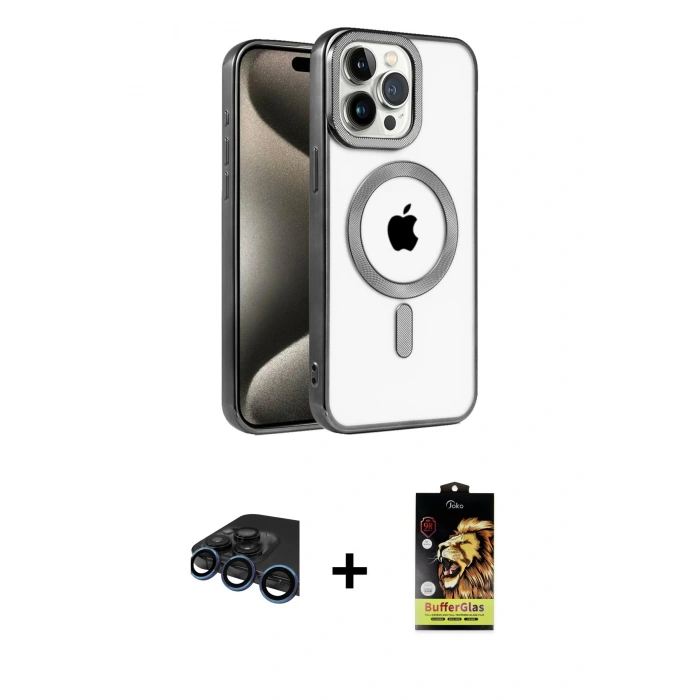 MARSİLYAN™- iPhone 15 Pro Max Kılıf Eksen Form Koleksiyonu - Siyah Buffer Cam Ekran Koruyucu + Lacivert Raze Metal Kamera Lens