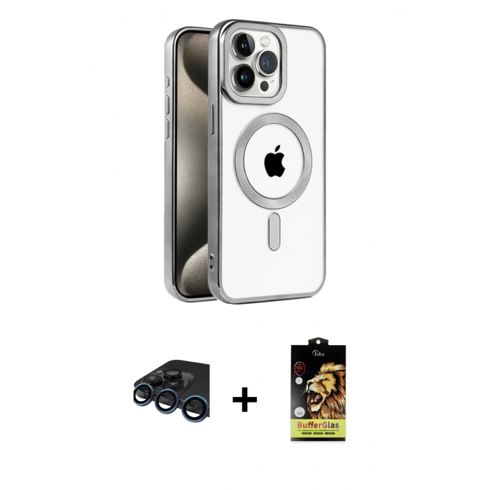 MARSİLYAN™- iPhone 15 Pro Max Kılıf Eksen Form Koleksiyonu - Siyah Buffer Cam Ekran Koruyucu + Lacivert Raze Metal Kamera Lens
