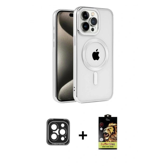 MARSİLYAN™- iPhone 15 Pro Max Kılıf Eksen Form Koleksiyonu - Siyah Buffer Cam Ekran Koruyucu + PVD Metal Kamera Lens - SH