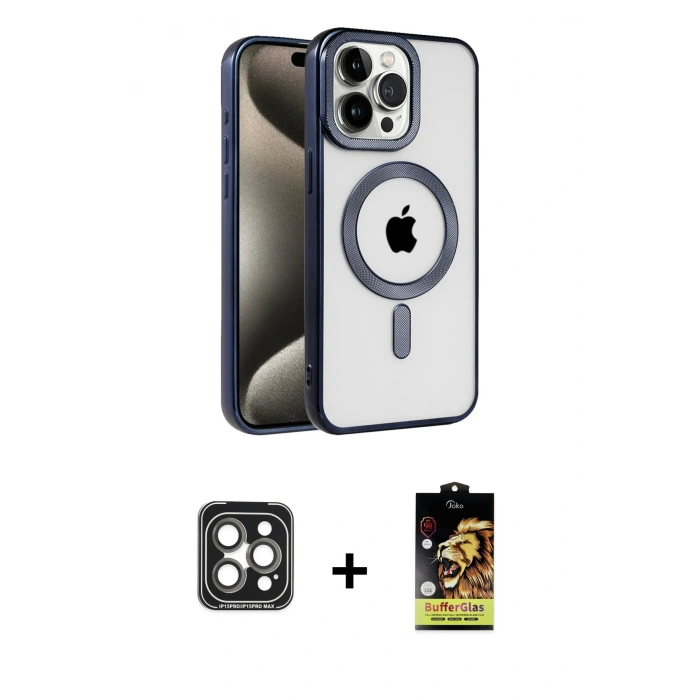 MARSİLYAN™- iPhone 15 Pro Max Kılıf Eksen Form Koleksiyonu - Siyah Buffer Cam Ekran Koruyucu + PVD Metal Kamera Lens - GI