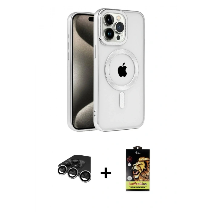 MARSİLYAN™- iPhone 15 Pro Max Kılıf Eksen Form Koleksiyonu - Siyah Buffer Cam Ekran Koruyucu + Raze Metal Kamera Lens - GS