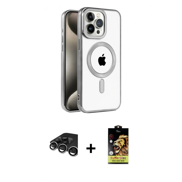 MARSİLYAN™- iPhone 15 Pro Max Kılıf Eksen Form Koleksiyonu - Siyah Buffer Cam Ekran Koruyucu + Raze Metal Kamera Lens - GS