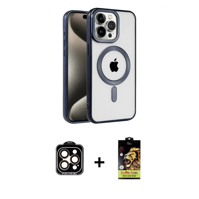 MARSİLYAN™- iPhone 15 Pro Max Kılıf Eksen Form Koleksiyonu - Siyah Buffer Cam Ekran Koruyucu + PVD Metal Kamera Lens - TU