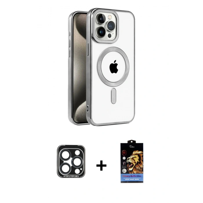 MARSİLYAN™- iPhone 15 Pro Max Kılıf Eksen Form Koleksiyonu - Siyah Buffer Hayalet Cam Ekran Koruyucu + PVD Metal Kamera Lens - LT