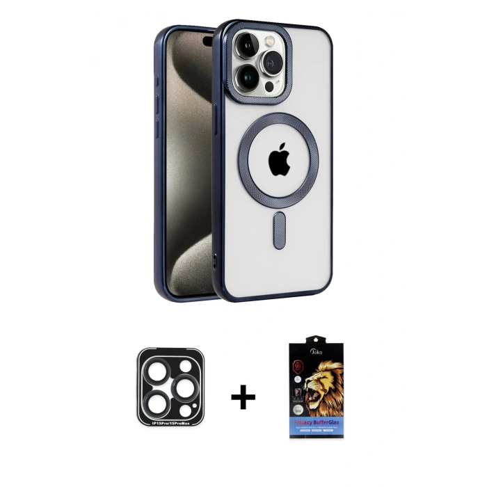 MARSİLYAN™- iPhone 15 Pro Max Kılıf Eksen Form Koleksiyonu - Siyah Buffer Hayalet Cam Ekran Koruyucu + PVD Metal Kamera Lens - LT