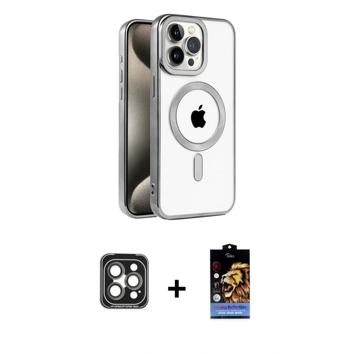 MARSİLYAN™- iPhone 15 Pro Max Kılıf Eksen Form Koleksiyonu - Siyah Buffer Hayalet Cam Ekran Koruyucu + PVD Metal Kamera Lens - GI