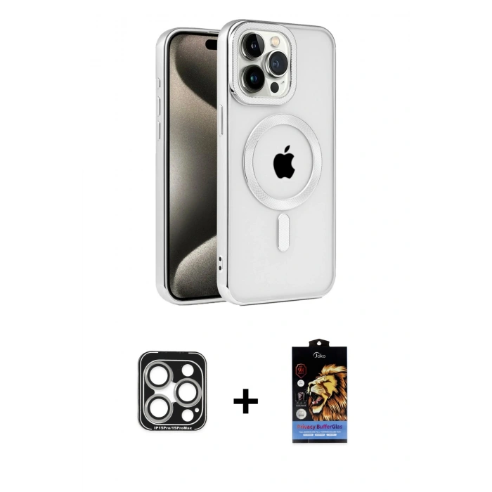 MARSİLYAN™- iPhone 15 Pro Max Kılıf Eksen Form Koleksiyonu - Siyah Buffer Hayalet Cam Ekran Koruyucu + PVD Metal Kamera Lens - GS