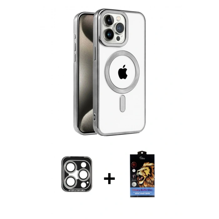 MARSİLYAN™- iPhone 15 Pro Max Kılıf Eksen Form Koleksiyonu - Siyah Buffer Hayalet Cam Ekran Koruyucu + PVD Metal Kamera Lens - GS