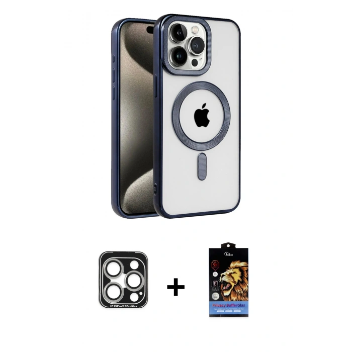 MARSİLYAN™- iPhone 15 Pro Max Kılıf Eksen Form Koleksiyonu - Siyah Buffer Hayalet Cam Ekran Koruyucu + PVD Metal Kamera Lens - GS