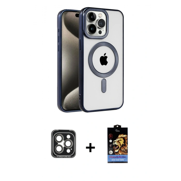 MARSİLYAN™- iPhone 15 Pro Max Kılıf Eksen Form Koleksiyonu - Siyah Buffer Hayalet Cam Ekran Koruyucu + PVD Metal Kamera Lens - GI