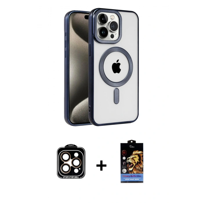 MARSİLYAN™- iPhone 15 Pro Max Kılıf Eksen Form Koleksiyonu - Siyah Buffer Hayalet Cam Ekran Koruyucu + PVD Metal Kamera Lens - TU