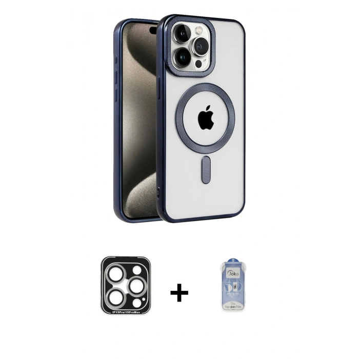 MARSİLYAN™- iPhone 15 Pro Max Kılıf Eksen Form Koleksiyonu - Siyah Joko Magic 5D Cam + PVD Metal Kamera Lens - GS