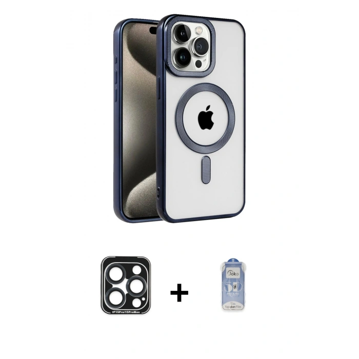 MARSİLYAN™- iPhone 15 Pro Max Kılıf Eksen Form Koleksiyonu - Siyah Joko Magic 5D Cam + PVD Metal Kamera Lens - LT