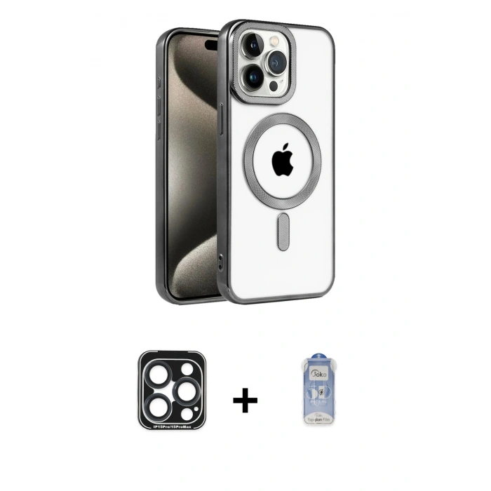 MARSİLYAN™- iPhone 15 Pro Max Kılıf Eksen Form Koleksiyonu - Siyah Joko Magic 5D Cam + PVD Metal Kamera Lens - LT