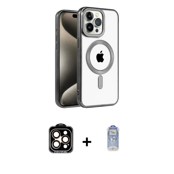 MARSİLYAN™- iPhone 15 Pro Max Kılıf Eksen Form Koleksiyonu - Siyah Joko Magic 5D Cam + PVD Metal Kamera Lens - TU