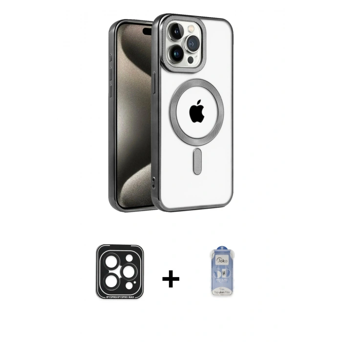 MARSİLYAN™- iPhone 15 Pro Max Kılıf Eksen Form Koleksiyonu - Siyah Joko Magic 5D Cam + PVD Metal Kamera Lens - SH