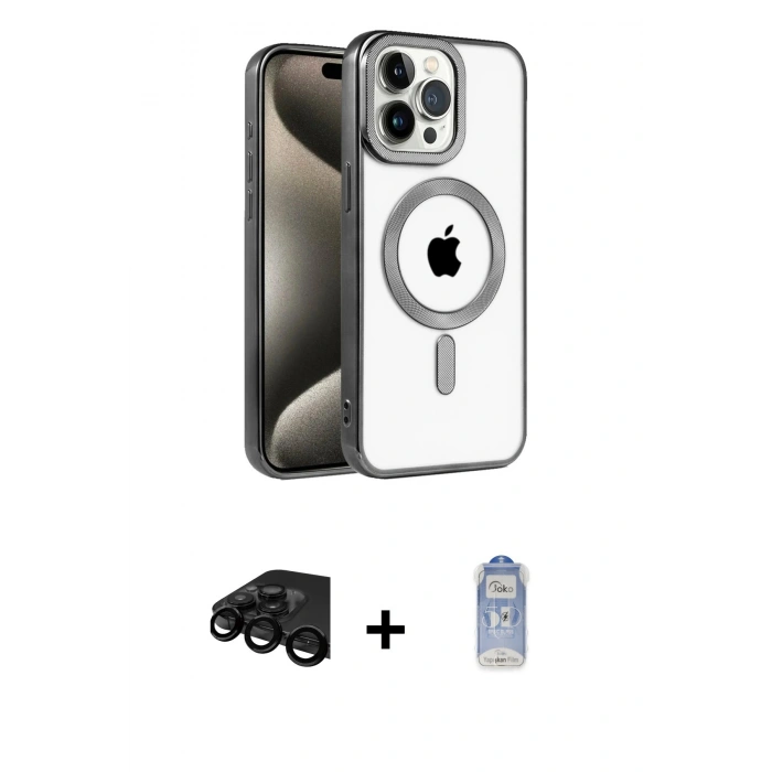 MARSİLYAN™- iPhone 15 Pro Max Kılıf Eksen Form Koleksiyonu - Siyah Joko Magic 5D Cam + Raze Metal Kamera Lens - SH