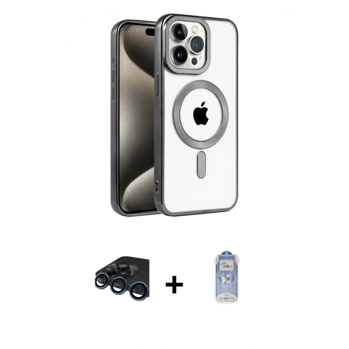 MARSİLYAN™- iPhone 15 Pro Max Kılıf Eksen Form Koleksiyonu - Siyah Joko Magic 5D Cam + Raze Metal Kamera Lens - LT
