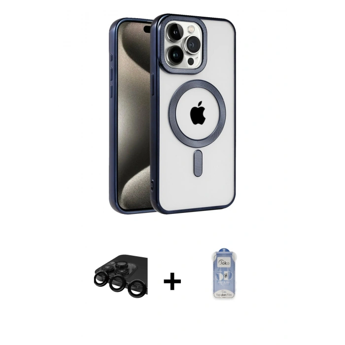 MARSİLYAN™- iPhone 15 Pro Max Kılıf Eksen Form Koleksiyonu - Siyah Joko Magic 5D Cam + Raze Metal Kamera Lens - SH
