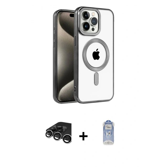MARSİLYAN™- iPhone 15 Pro Max Kılıf Eksen Form Koleksiyonu - Siyah Joko Magic 5D Cam + Raze Metal Kamera Lens - GS