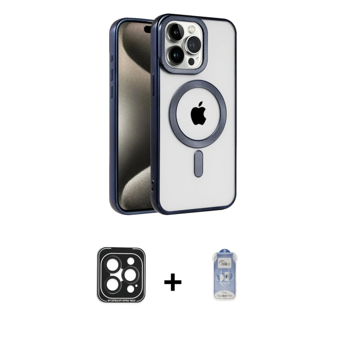 MARSİLYAN™- iPhone 15 Pro Max Kılıf Eksen Form Koleksiyonu - Siyah Joko Magic 5D Cam + Siyah PVD Metal Kamera Lens