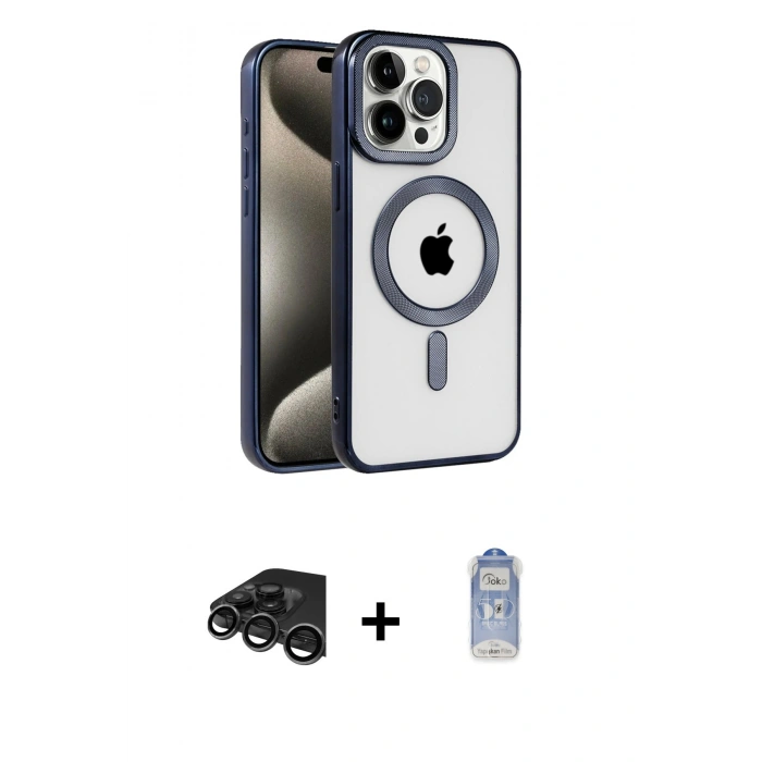 MARSİLYAN™- iPhone 15 Pro Max Kılıf Eksen Form Koleksiyonu - Siyah Joko Magic 5D Cam + Raze Metal Kamera Lens - TMGI